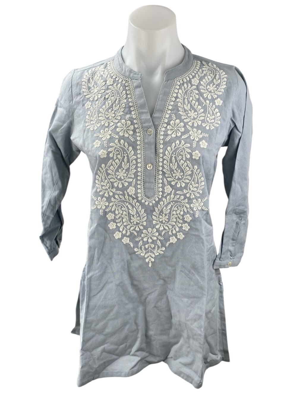 NEW Utsa Women's Blue Floral Embroidered 3/4 Sleeve Kurta Tunic Blouse Top Sz XS